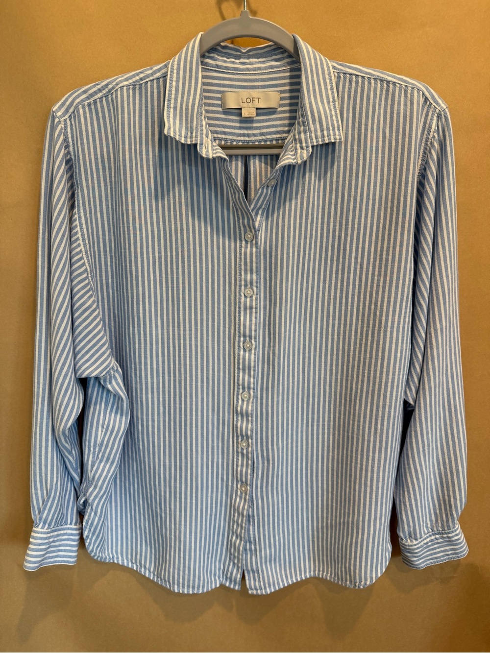 LOFT Blue and White Vertical Stripe Button-Down Shirt